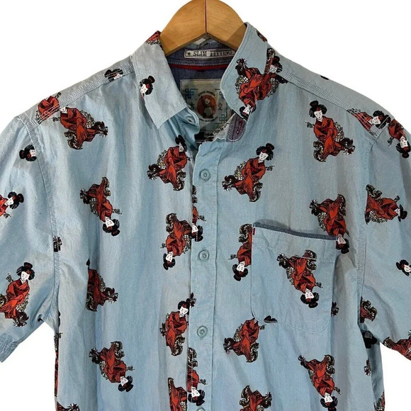 Disco Panda Mens Button Up Shirt Size Large Japanese Geisha Patterned Pocket Top - Picture 3 of 4